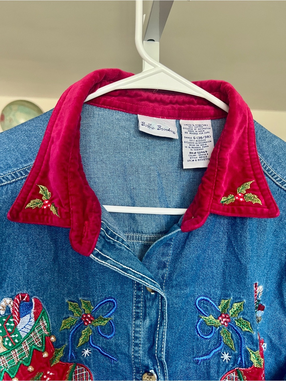 VTG Bobbie Brooks Christmas Theme Denim Button Up Shirt SZ L Velour Holiday - Picture 5 of 7